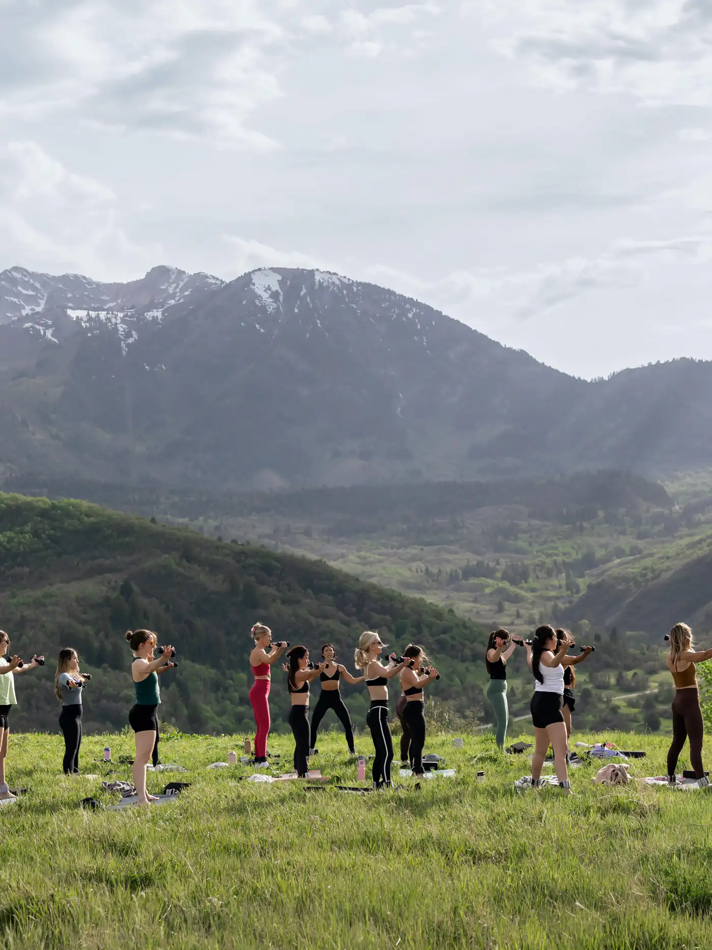 A Mountain Mat class lined up under the peaks