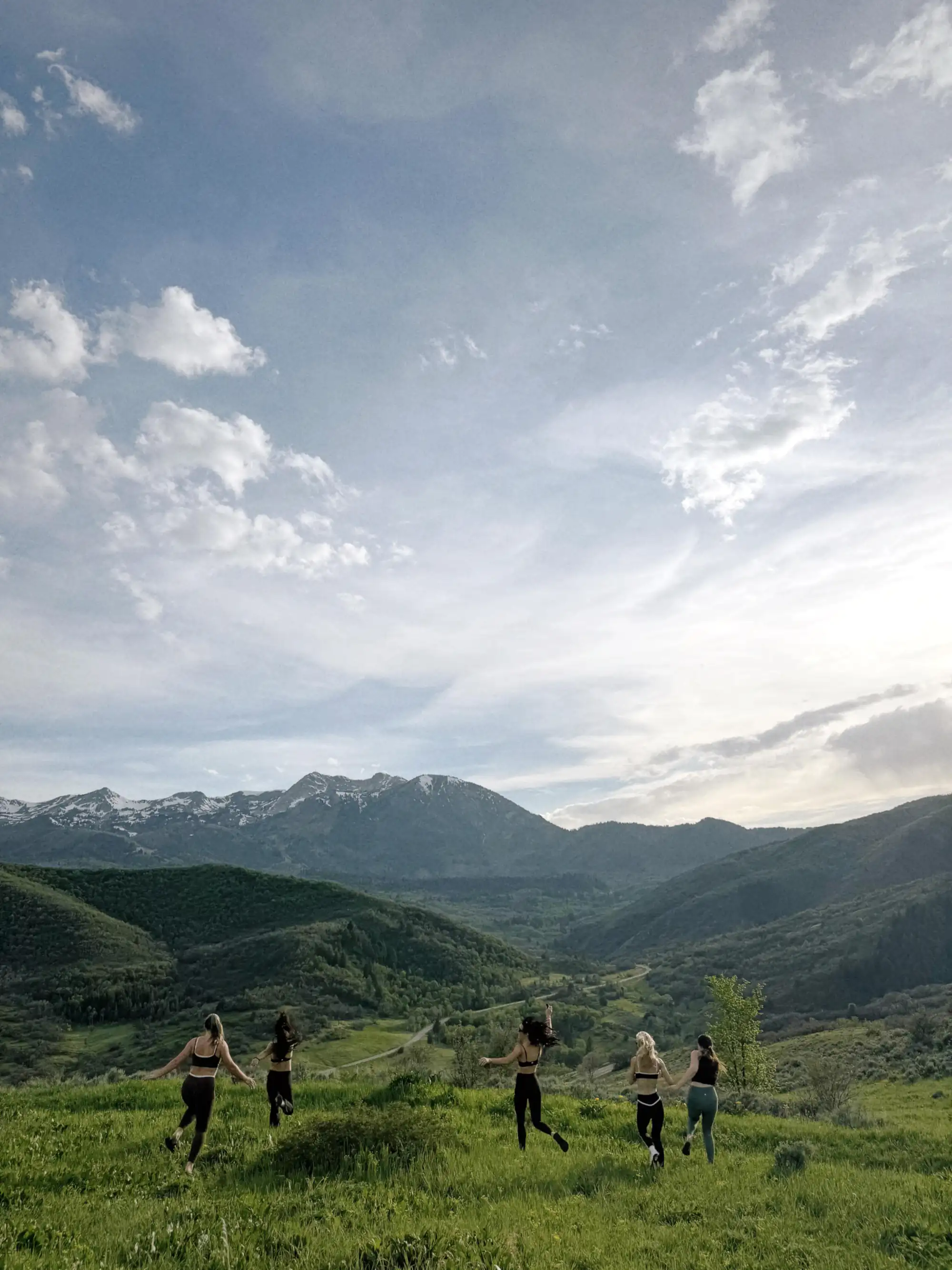 The Origin community running through a mountain meadow toward snow-capped peaks